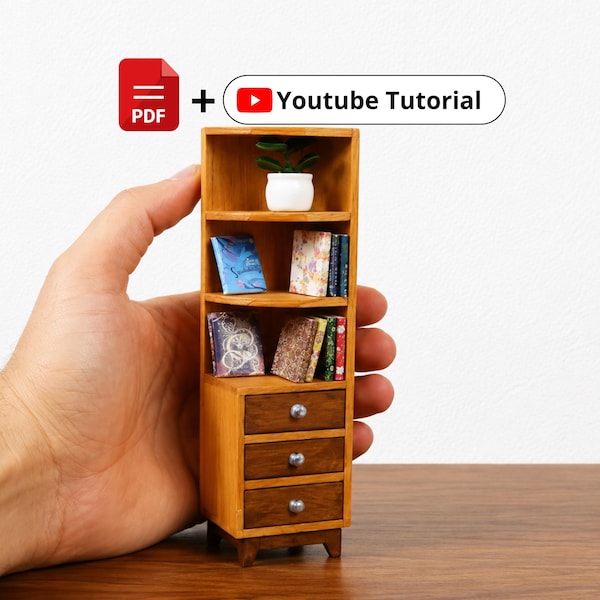 DIY Miniature Bookcase PDF Plan | Full Build Video Included |1:12 Dollhouse Furniture with Drawers | Printable Pattern