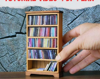 Miniatur-Bücherregal-Plan im Maßstab 1:12 (PDF) – Puppenhausmöbel zum Selbermachen, Bücherregal mit 5 Regalböden, druckbare Vorlage + Videoanleitung