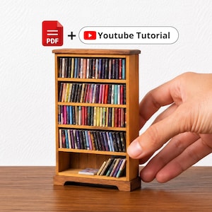 DIY Miniature Bookshelf Plan 1:12 Scale PDF – Full Build Video Included - Dollhouse Furniture DIY, 5 Shelf Bookcase, Printable Pattern