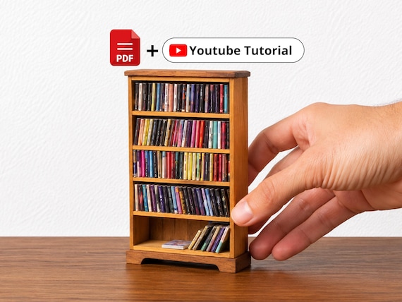 DIY Miniature Bookshelf Plan 1:12 Scale PDF – Full Build Video Included - Dollhouse Furniture DIY, 5 Shelf Bookcase, Printable Pattern