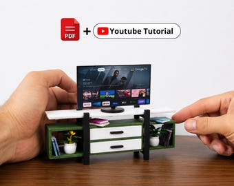 Plano en PDF para construir un soporte de TV en miniatura | Incluye video de construcción completo | Muebles para casa de muñecas a escala 1:12 | Mesa de TV - Patrón imprimible