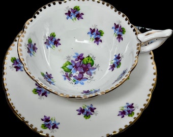 Vintage Royal Stafford 1950s Ribbed Cup and Saucer - Sweet Purple Violets Made in England Pristine Condition for Tea Lovers