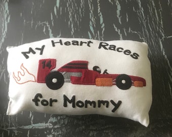 Upcycled accent pillow - home decor - race car - mommy  - handmade - free shipping