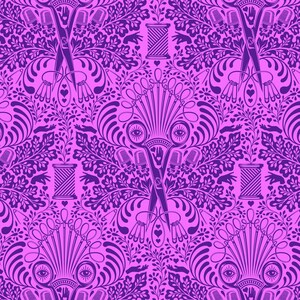 May include: A repeating pattern in shades of purple and pink, featuring stylized sewing tools. The design includes scissors, needles, thimbles, spools of thread, and decorative floral elements. The overall aesthetic is reminiscent of vintage textile designs.