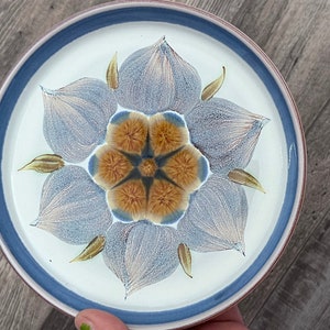 May include: A white ceramic plate with a blue rim and a stylised flower design in shades of blue, brown, and white.