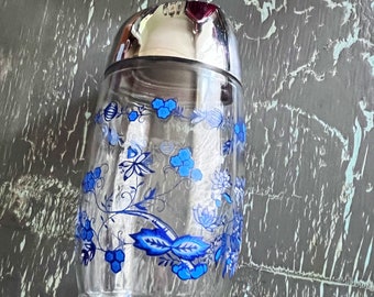 Blue floral vintage, glass, sugar decanter - libbey