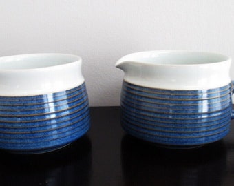 Denby Chatsworth Open Sugar Bowl and Creamer Set Blue White Vintage England