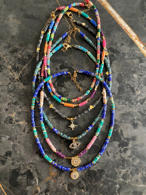 Choker Necklace in Semi-precious Stones, Natural Stones, Surfer