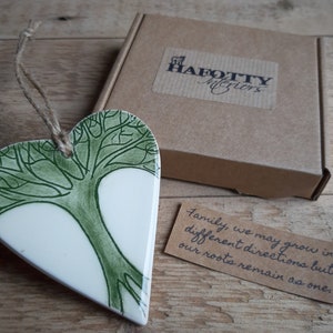 Gift boxed hand-crafted ceramic heart keepsake - tree illustration with 'family' quote slip - Letterbox gift.