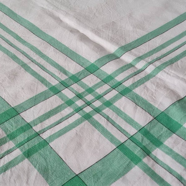 Vintage  1950s Linen White/Green Striped Tablecloth Classic Mid Century Style 48 " Square  Mid Century