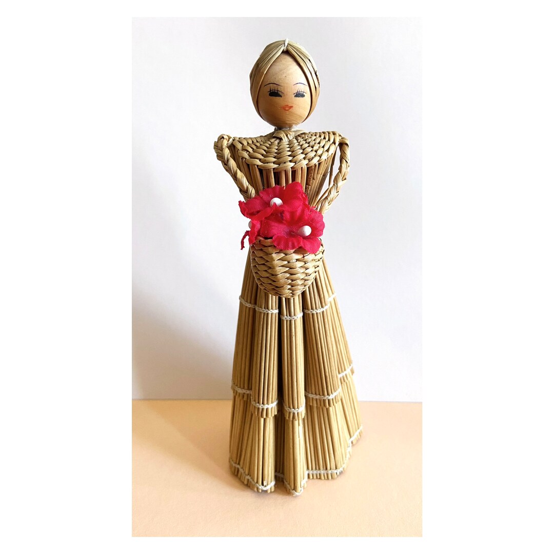 Vintage Straw Doll Holding Flowers. Mid Century Doll. Eastern Etsy