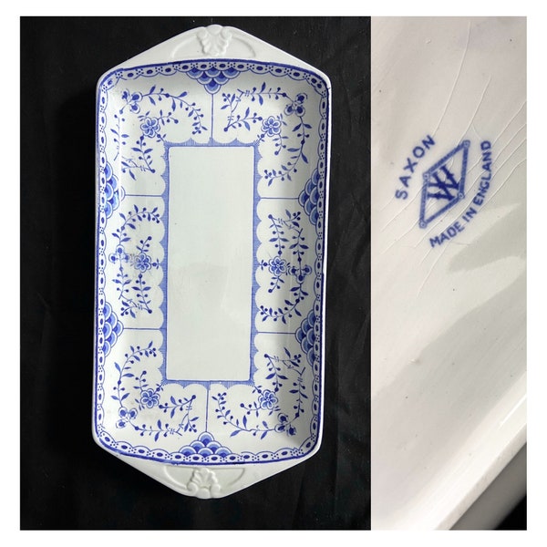 Vintage sandwich plate Saxon Staffordshire. Traditional English ceramic dish. Staffordshire knot. Blue and white rectangular plate. Folksy.