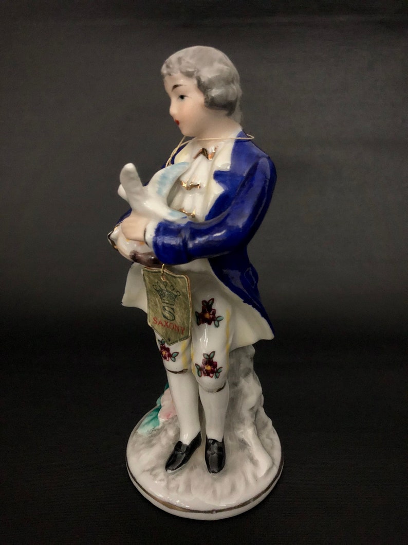 Romantic. German vintage 6 court boy porcelain figure Vintage 1960s70s Saxony porcelain figurine of a noble young man holding a dove