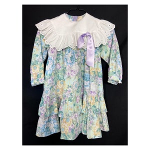 80s vintage floral baby girl dress. Pastel shift dress with white collar. 110EU 4-5year