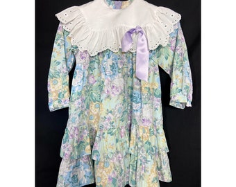 80s vintage floral baby girl dress. Pastel shift dress with white collar. 110EU 4-5year