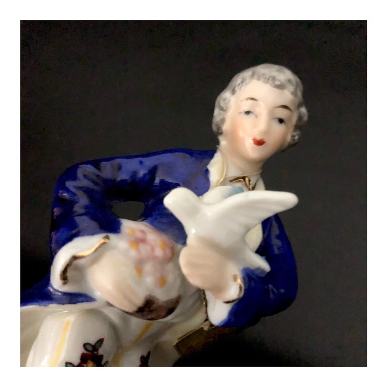 Romantic. German vintage 6 court boy porcelain figure Vintage 1960s70s Saxony porcelain figurine of a noble young man holding a dove
