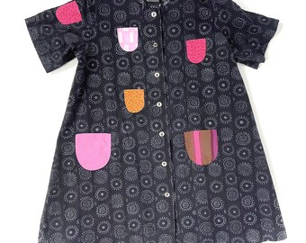 Scandinavian cotton girl dress coat by Marrimekko. Graphite shift dress. Finnish. Quirky kids fashion. Glanda Rocken. Happy Coat 130cm 10yo