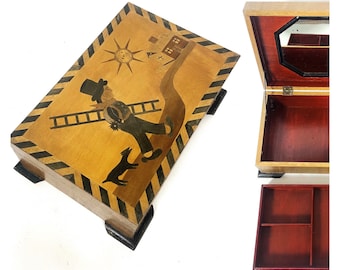 Vintage marquetry box. Wooden jewellery box with chimney sweeper and cat. Trinket Box. Inlay. Jewelry box.