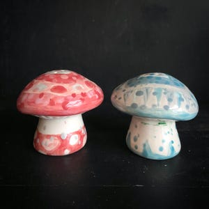 Hand painted mushroom shaped salt and pepper shakers.
