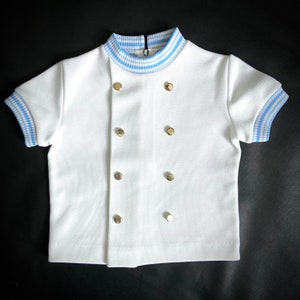 80s vintage white t-shirt with striped blue trim by Shamrock of England. Cute baby boy summer top double breasted. Vintage baby 18 months
