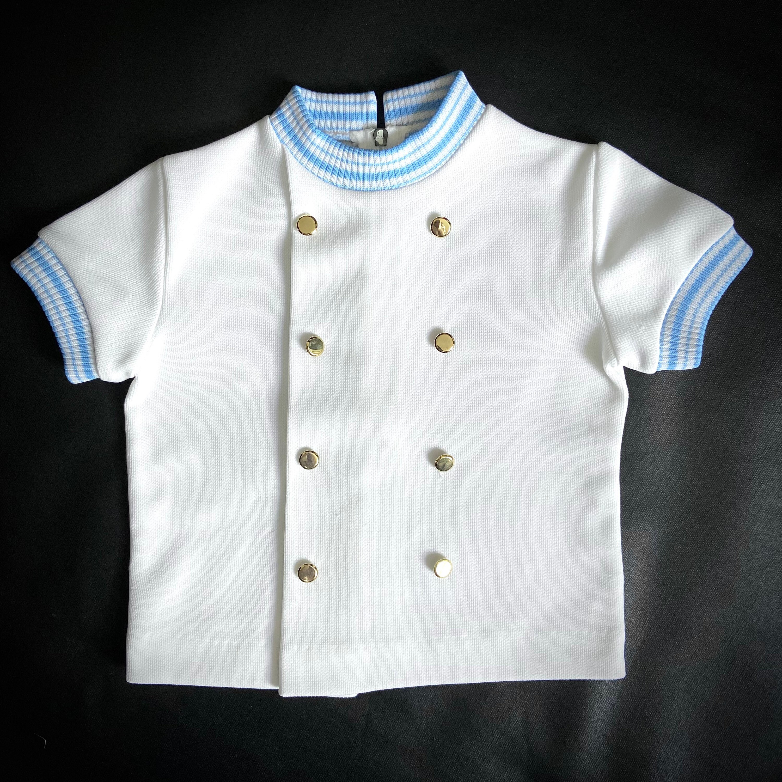 80s vintage white t-shirt with striped blue trim by Shamrock of England. Cute baby boy summer top double breasted. Vintage baby 18 months