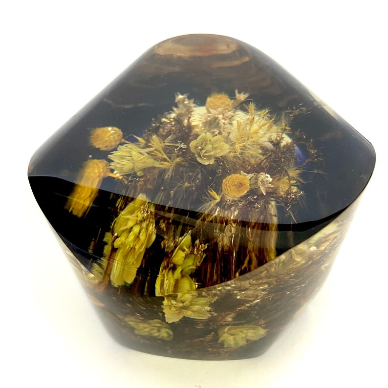 70s Vintage Resin Paperweight With Encapsulated Flowers. Botanical