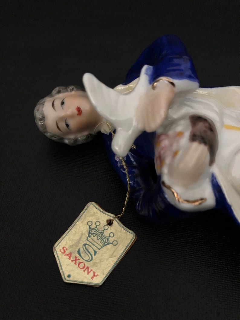 Romantic. German vintage 6 court boy porcelain figure Vintage 1960s70s Saxony porcelain figurine of a noble young man holding a dove