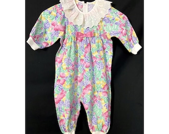80s vintage fruit pattern baby playsuit with embroidered collar. Cotton baby romper. Baby chambray. 74-80EU 9-12 months