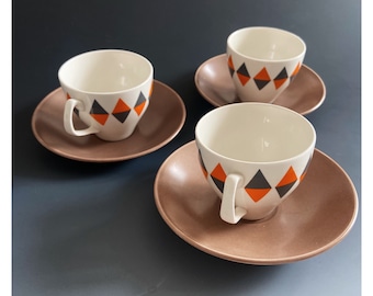 Midcentury 60s Staffordshire pottery 3x coffee cups and saucers Checkmate design .
