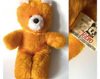 60s 70s vintage tangerine yellow teddy bear. Vintage soft toy by Tebro