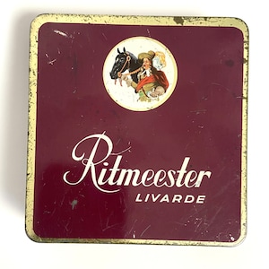 Vintage tobacco vesta tin for Ritmeester Livarde 20 cigarettes. Old cigarette box.