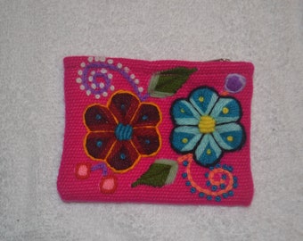 Brand New Peru Handmade Wool Coin Purse Flower Embroidered by Ayacucho Artisans - Pink #ETCL24