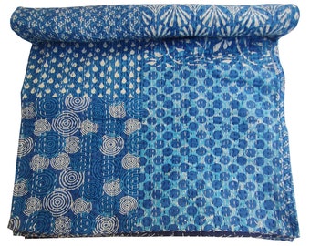 Edredón Kantha Floral Azul Kantha, Ropa de cama de algodón hecha a mano, Tamaño Queen hecho a mano