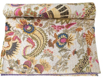 Manta de algodón con estampado floral, colcha Kantha, ropa de cama de algodón puro, colcha Kantha de algodón, colcha Kantha Queen