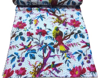 Edredón, manta de algodón con estampado hermoso, edredón kantha con estampado de pájaros, edredón de algodón, ropa de cama de algodón puro, colcha kantha de algodón, edredón kantha tamaño queen