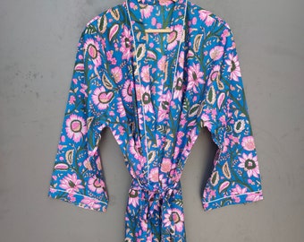 Kimono mit Baumwollblumendruck, Kimono aus 100% Baumwolle, indischer Kimono-Robe, weich und bequem, Bademäntel, Strandkleidung Kimono, Nachtwäsche Kimono