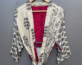 Túnica saree de seda para mujer, kimono sari de seda, kimono sari reciclado vintage Túnica de kimono sari de seda hecha a mano, bata de seda, regalo para ella