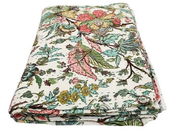 Edredón Kantha estampado a mano de Quikt Kantha: Ropa de cama de algodón con estampado geométrico azul, tamaño Queen.