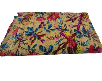 Colcha Kantha con estampado floral de pájaros, colcha de algodón indio acolchada a mano, tamaño Queen.