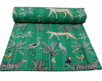 Edredón Kantha con estampado de tigre, manta de algodón hecha a mano, tamaño Queen.