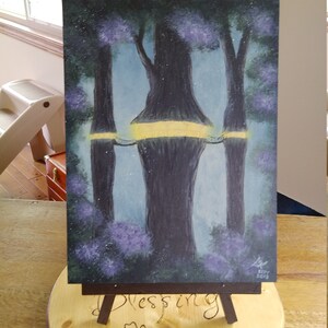 May include: A painting of a forest scene with three trees. The trees are dark brown and have a glowing yellow light in the middle. The background is a blue sky with purple flowers.