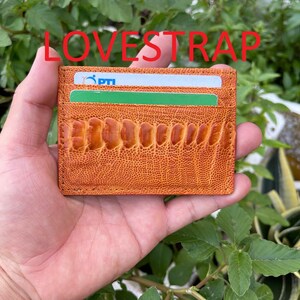 Tarjetero de piel de avestruz auténtica color marrón, tarjetero de visita, tarjetero minimalista de piel con forma de pata de avestruz, minitarjetero, regalo para él