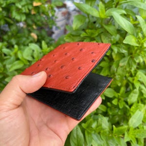 COGNAC/NOIR Portefeuille à deux volets en cuir d'autruche véritable carte pince à billets/Portefeuille à deux volets pour hommes/Cadeaux pour papa, portefeuille à deux volets de luxe pour lui/hommes