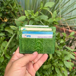 Tarjetero de piel de avestruz auténtica VERDE con clip para billetes, tarjetero, tarjetero minimalista de piel con RIFD, regalo para él o para su padre.