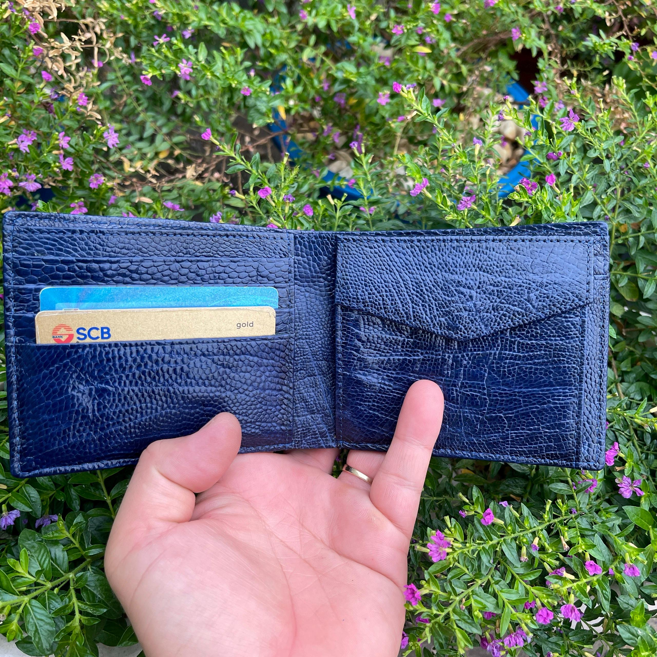 BLUE Genuine Ostrich Leather Bifold Wallet Card Money Clip Pocket Coin/ Men's Wallet/ Gift for Dad/ Leather Luxury Bifold Wallet Cash Slot