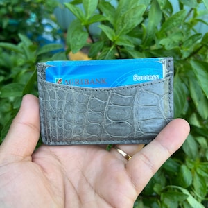 Tarjetero de piel de cocodrilo auténtica color gris, con clip para billetes, tarjetero, minimalista, con 4 ranuras para tarjetas.