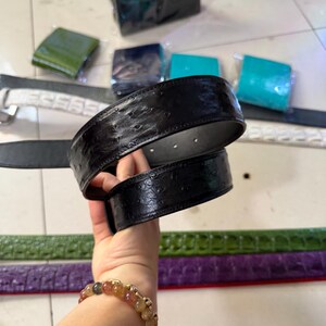 Puede incluir: Un cinturón negro con una superficie texturizada y moteada. El cinturón está enrollado en forma circular, mostrando su acabado brillante y las distintas hendiduras similares a plumas que recorren toda la correa del accesorio.