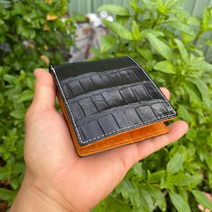 SCHWARZ Echt Allliigatoor Leder Bifold Brieftasche Karte Geldklammer / Herren Brieftasche Karte / Geschenke für Papa, Ihn / Brauner Strauß Luxus Bifold Brieftasche