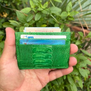 Tarjetero de piel de avestruz auténtica verde con clip para billetes, tarjetero, minimalista, regalo para él