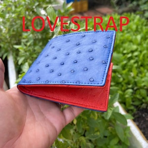 BLAU ROT Echte Doppelseite Straußenleder Haut Bifold Brieftasche Geldklammer, echte Straußenleder Bifold Brieftasche Karte Luxus, Geschenke für Ihn